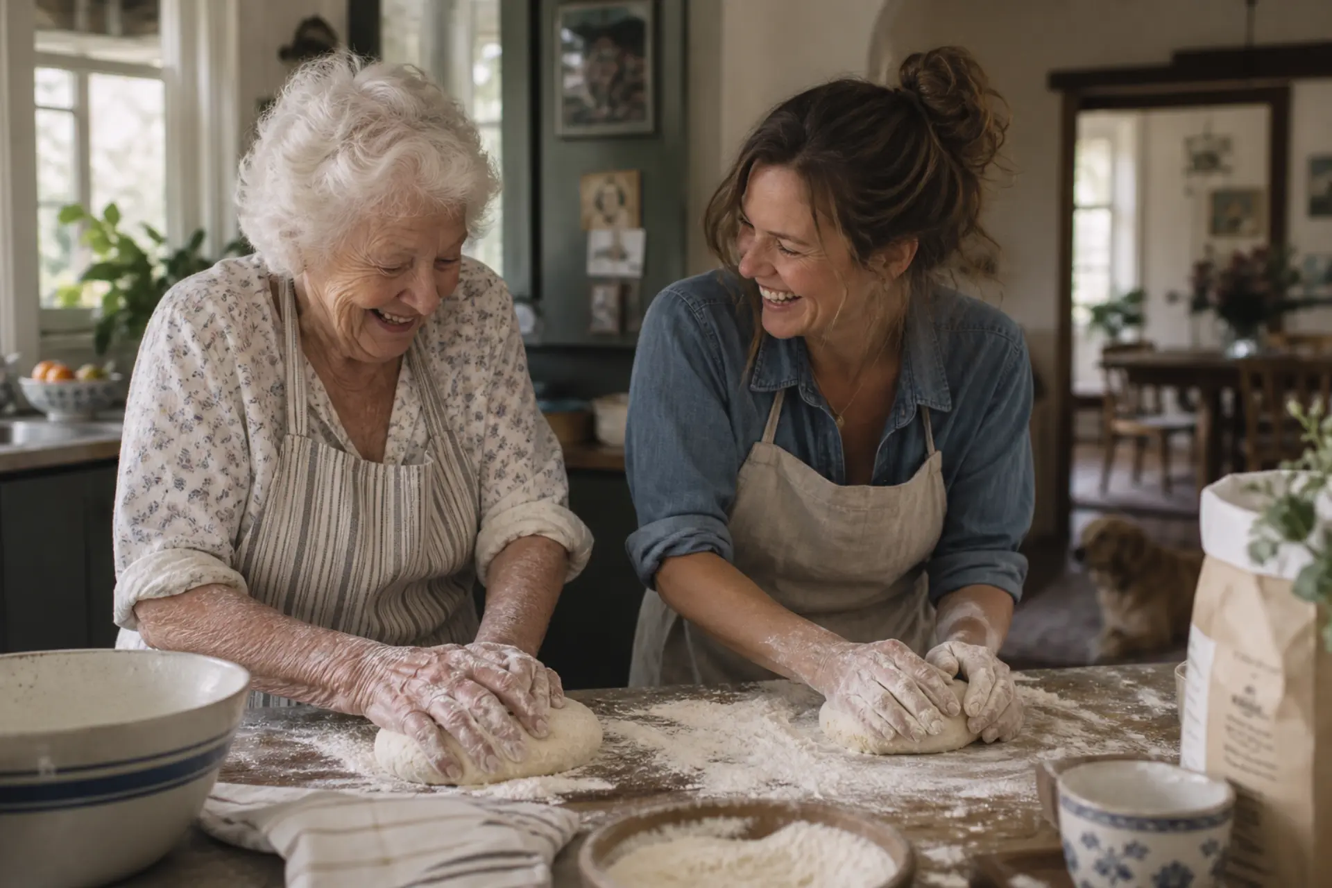 An older woman and her companion working dough together in a home kitchen