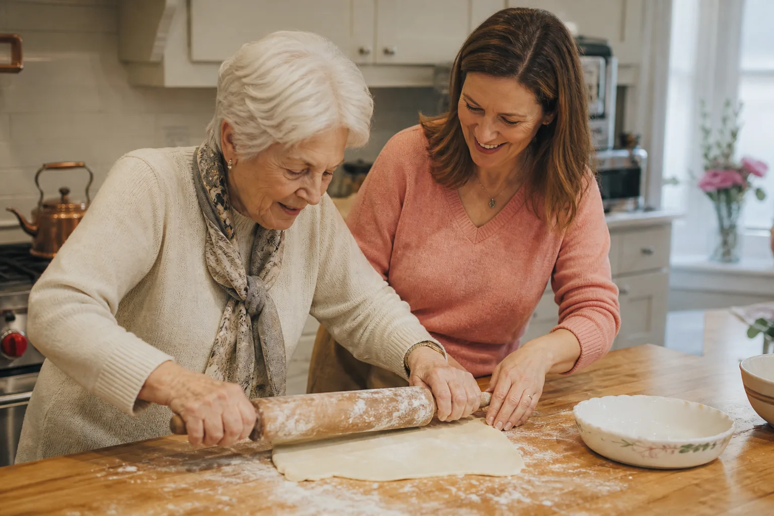 An older woman and her companion baking together in a home kitchen
