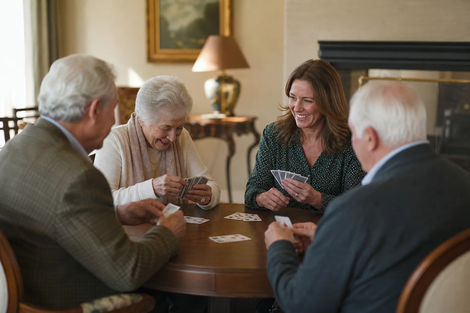 Older adults enjoying a card game together at home
