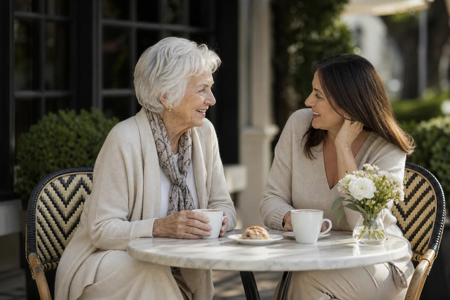 An older woman sharing coffee and conversation with her companion