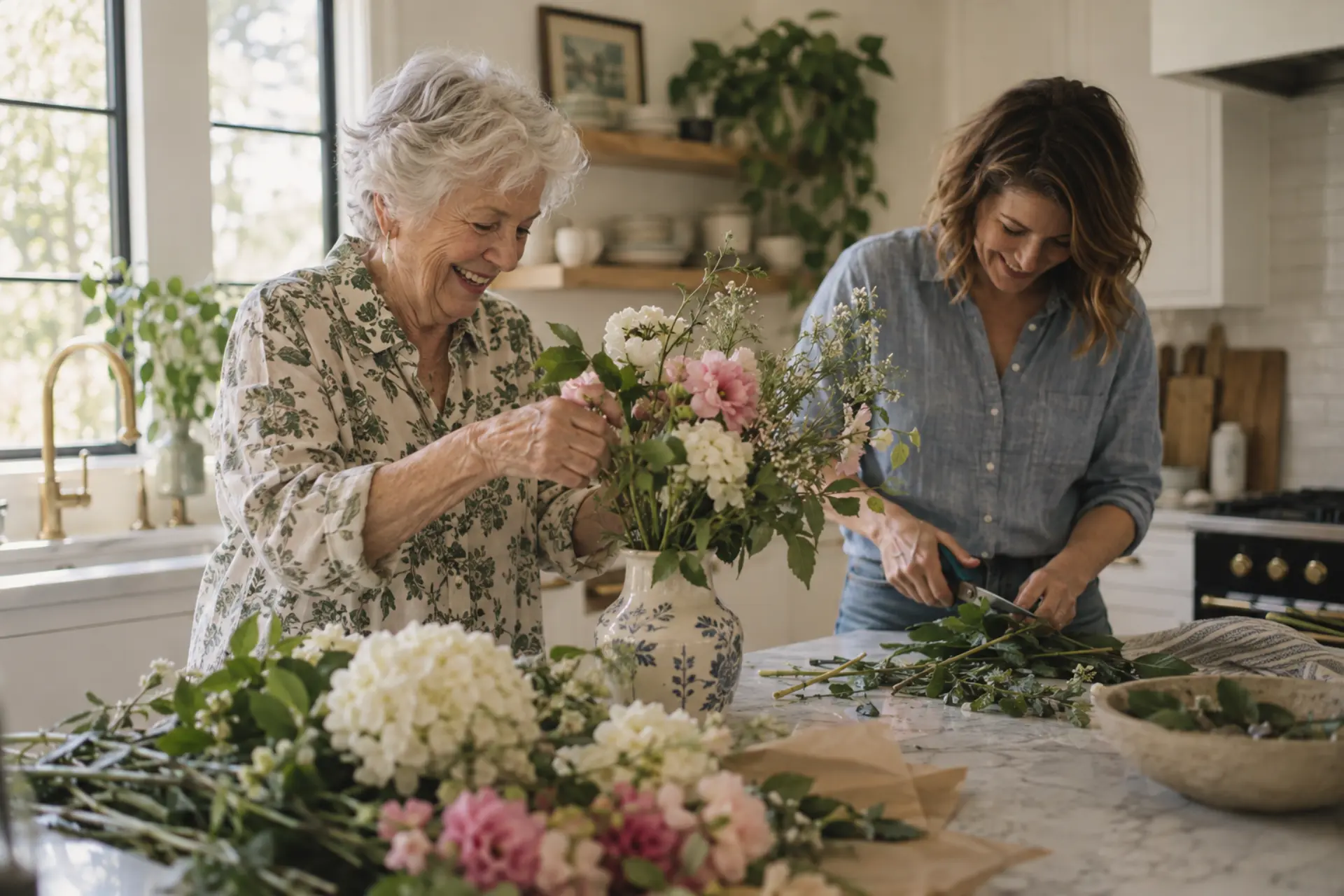 An older woman and her companion arranging flowers together in a kitchen