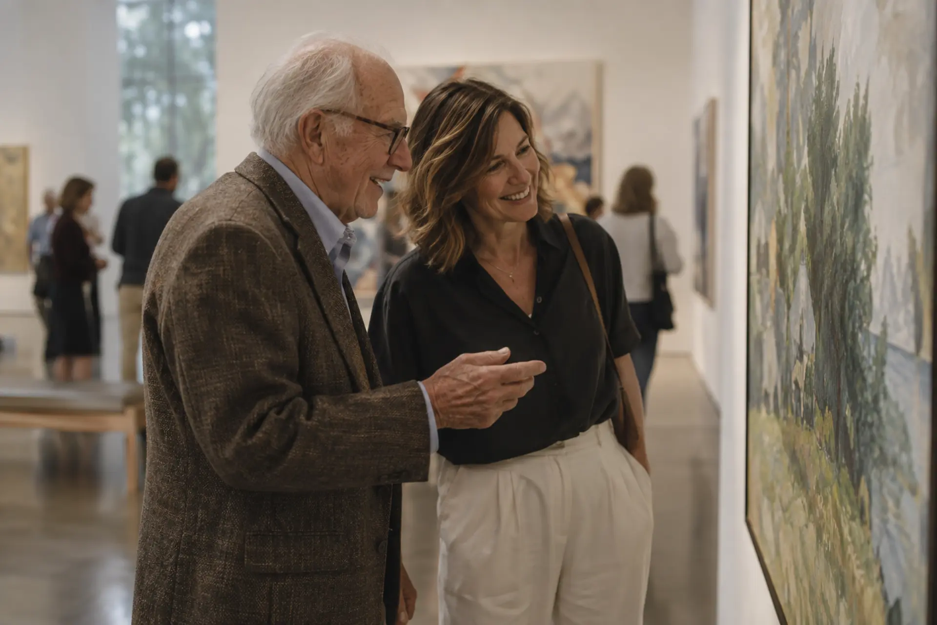 An older man and his companion talking together in a Dallas art gallery