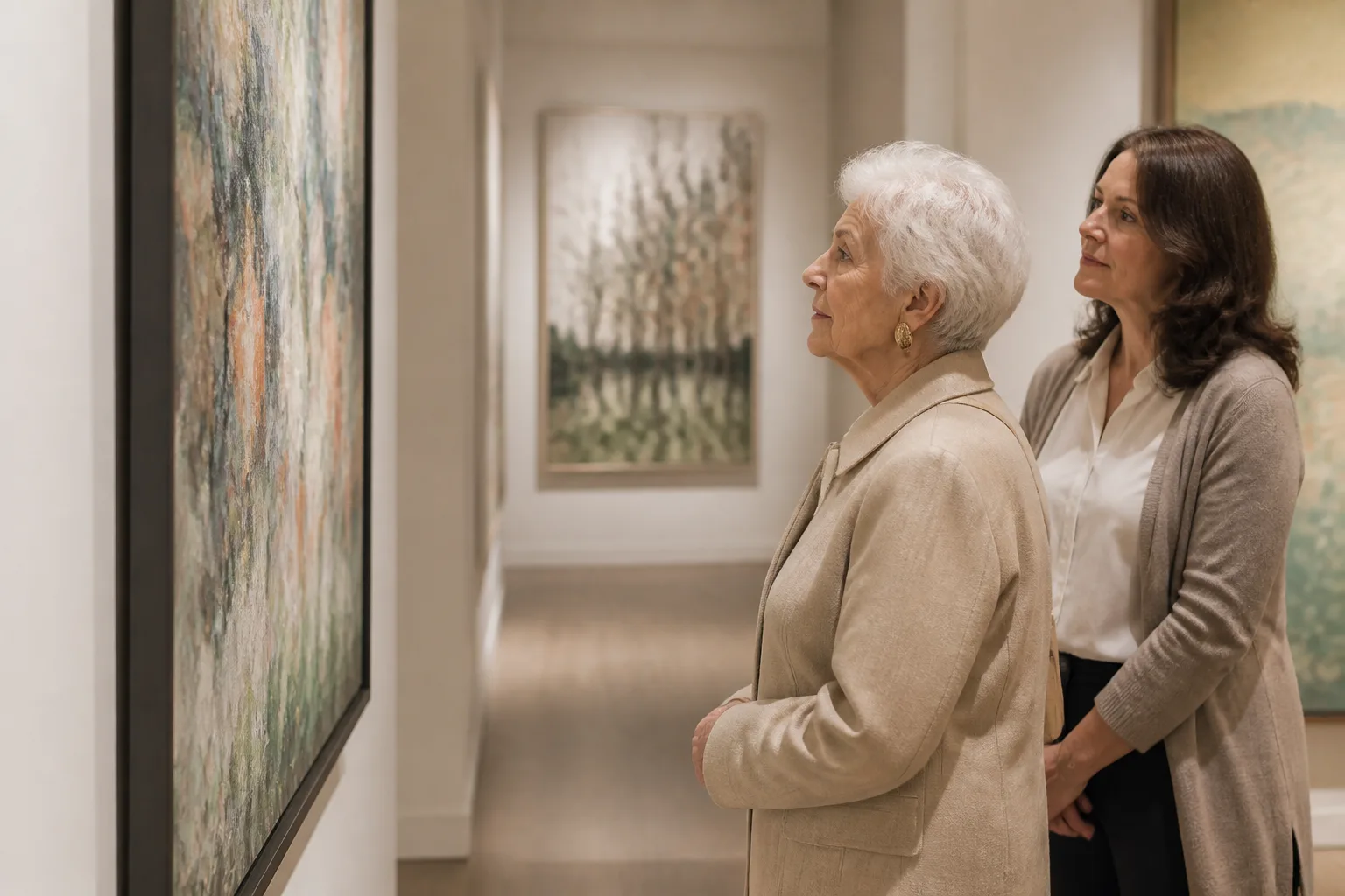 An older woman and her companion enjoying an art museum together