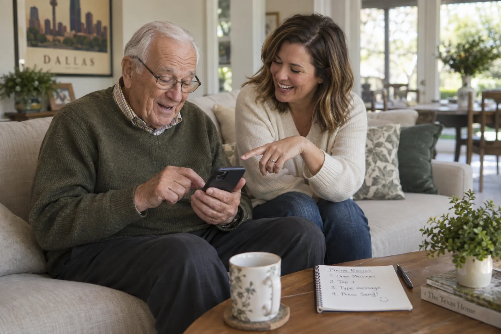 An older man using his smartphone with guidance from his companion