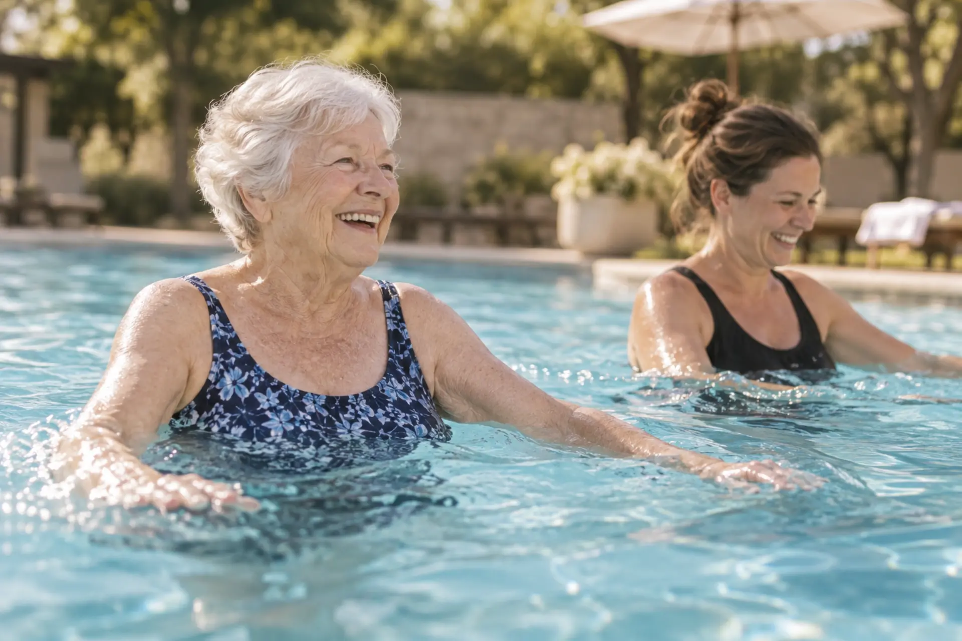 An older woman enjoying gentle water exercises with her companion