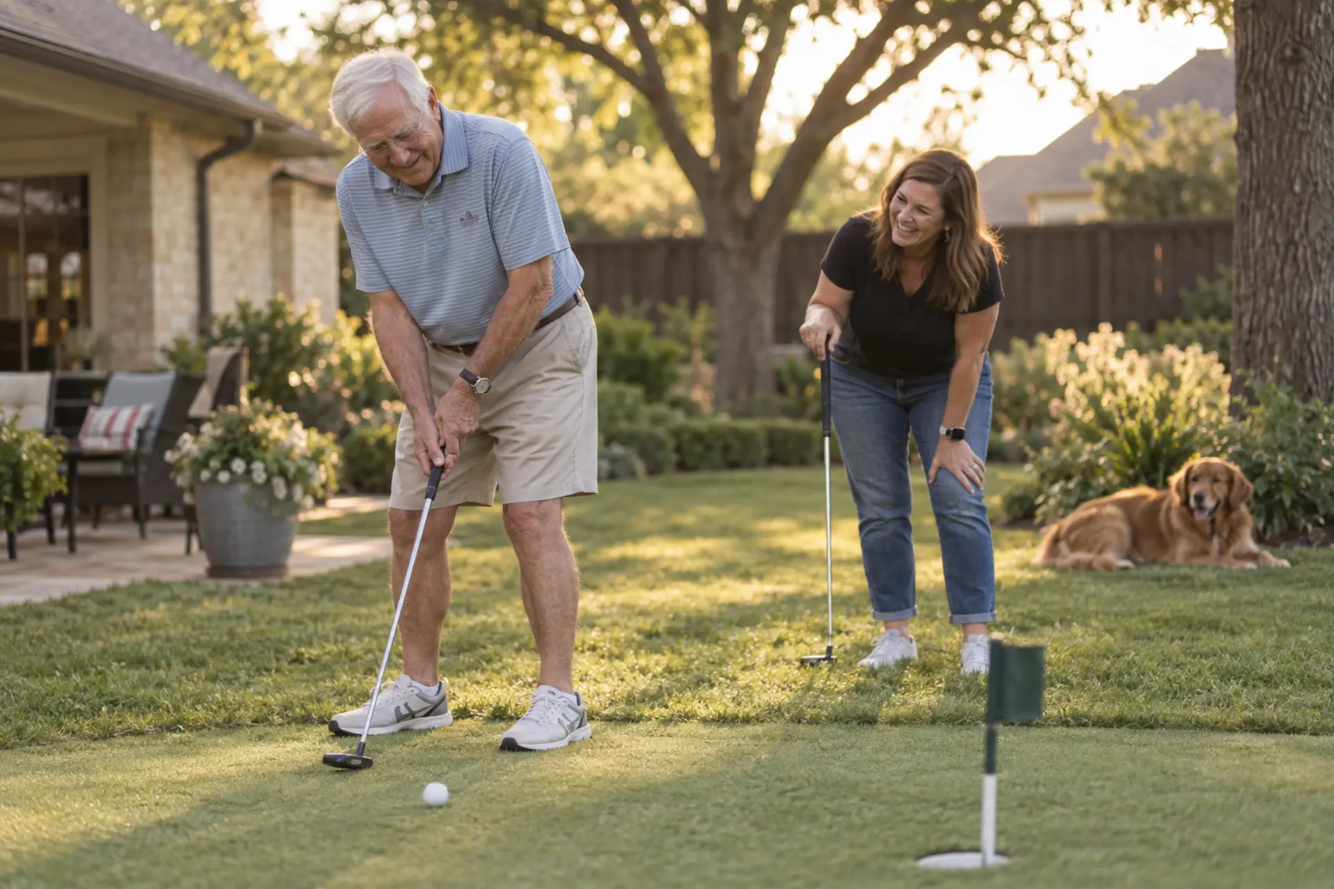 An older man and his companion sharing a putting contest in a garden