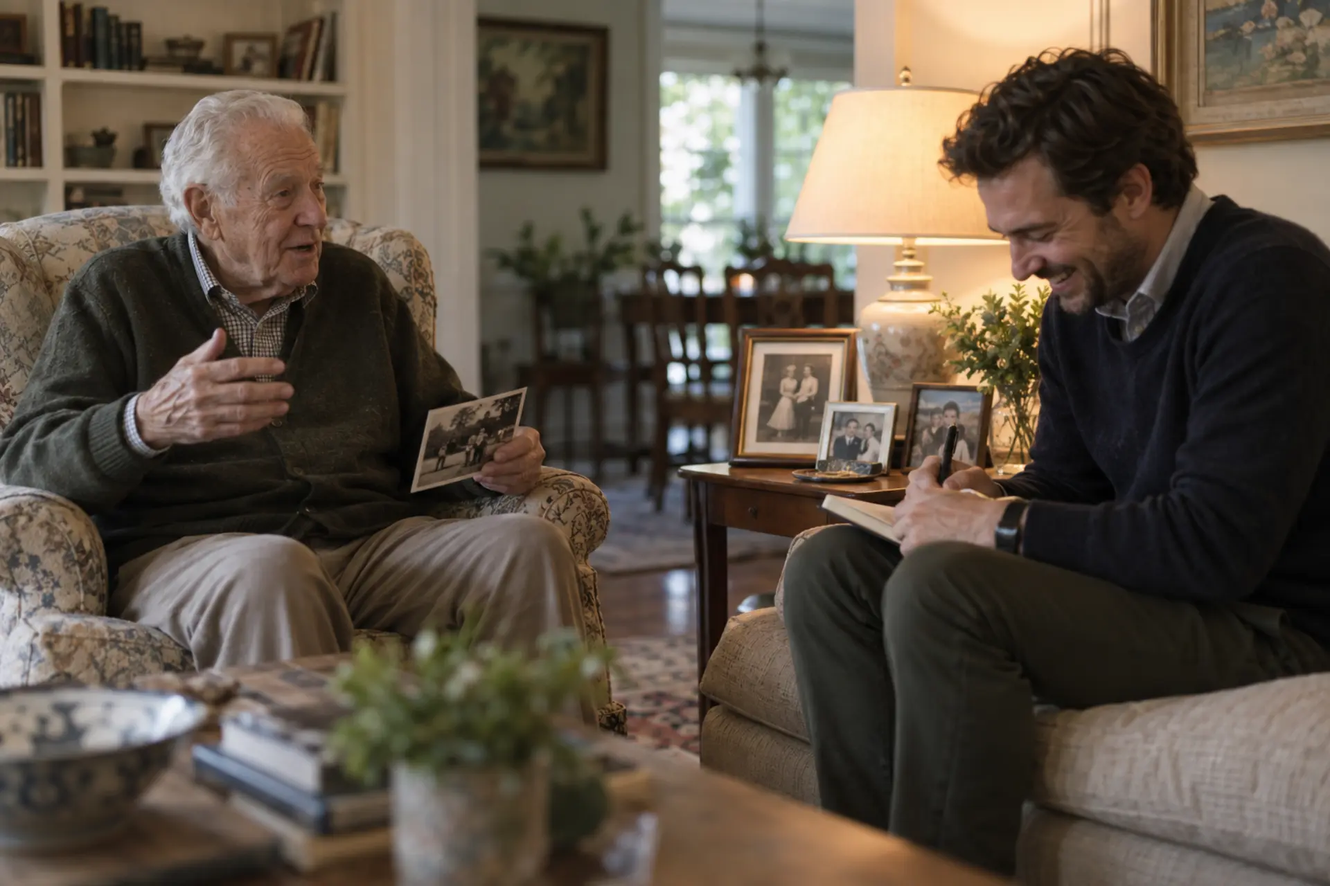 An older man sharing family stories while his companion takes notes