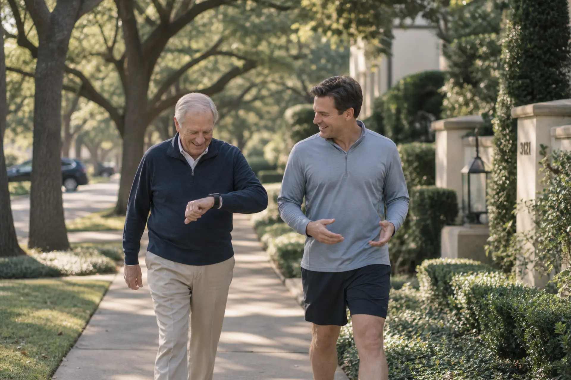 An older man and companion walking on a tree-lined Dallas street