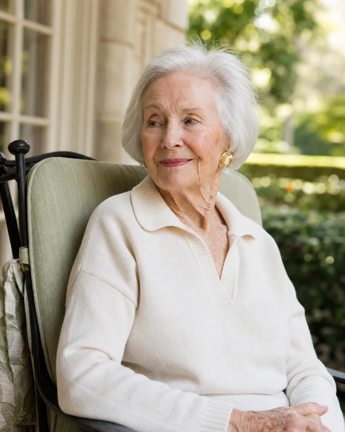 An older woman seated thoughtfully on her front porch