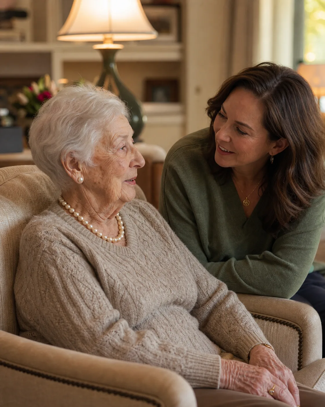 A resident in conversation with a companion