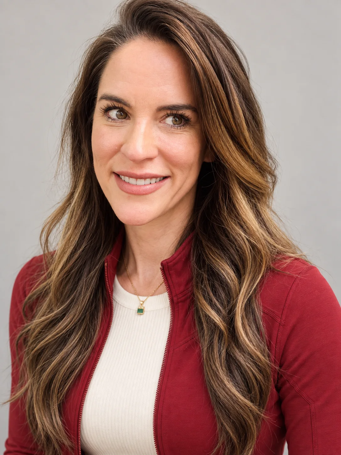 Portrait of Nicole Flores in a red athletic jacket