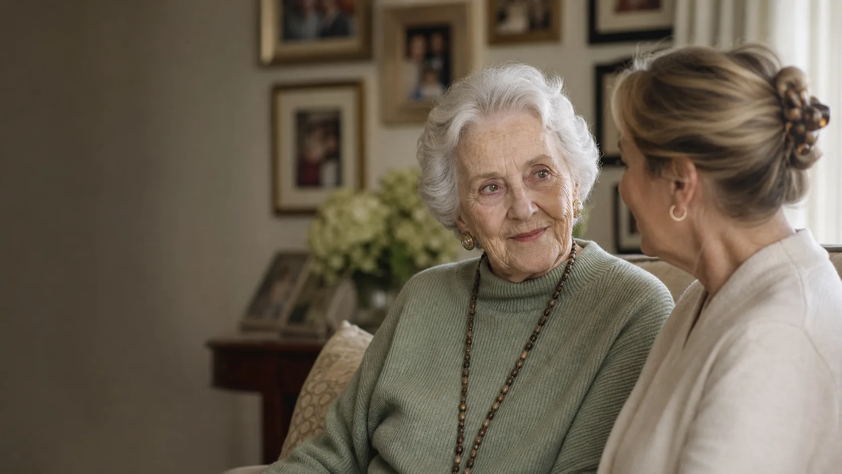 An older woman in conversation with her companion at home