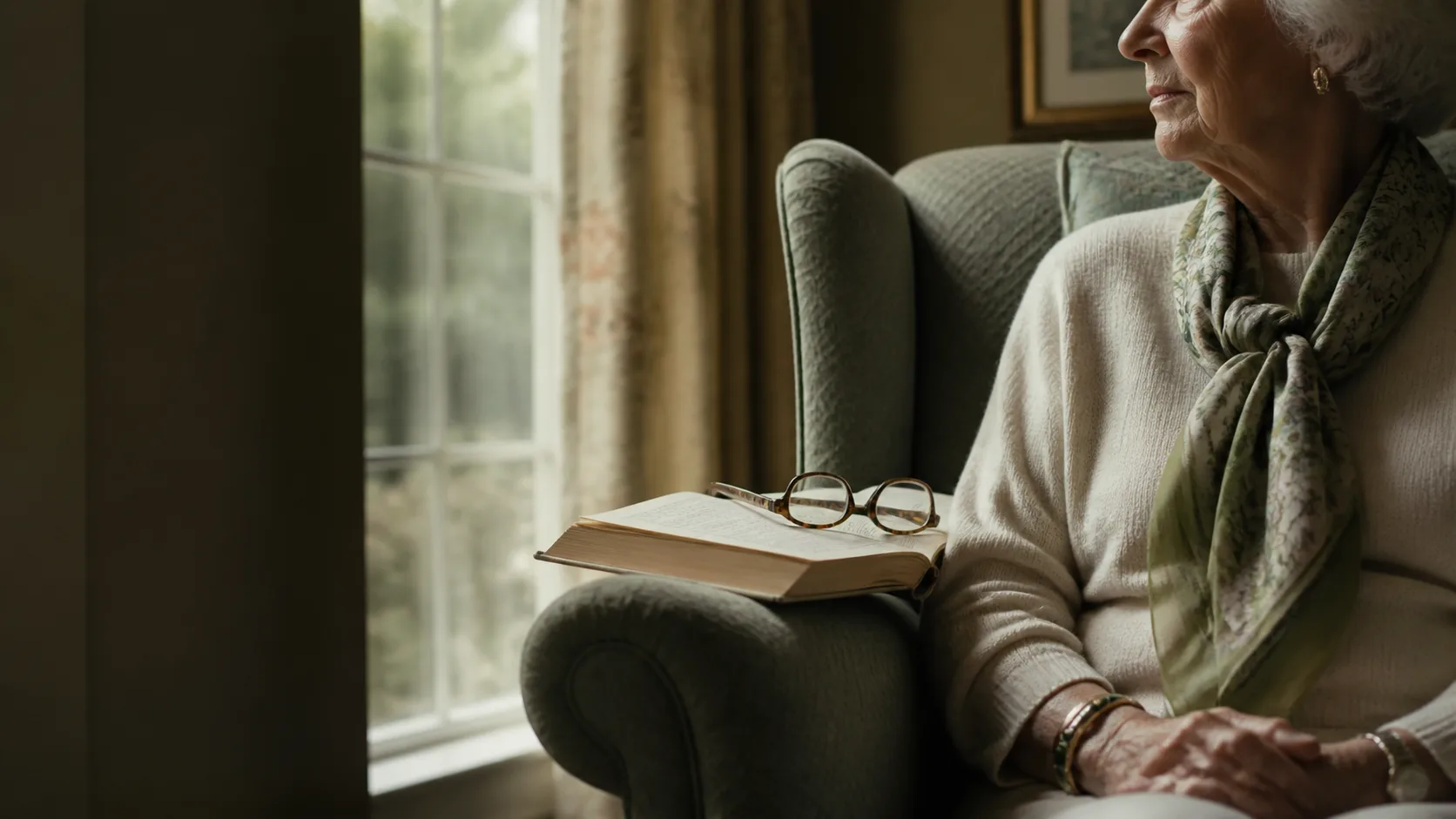 An older woman in warm conversation with her companion at home
