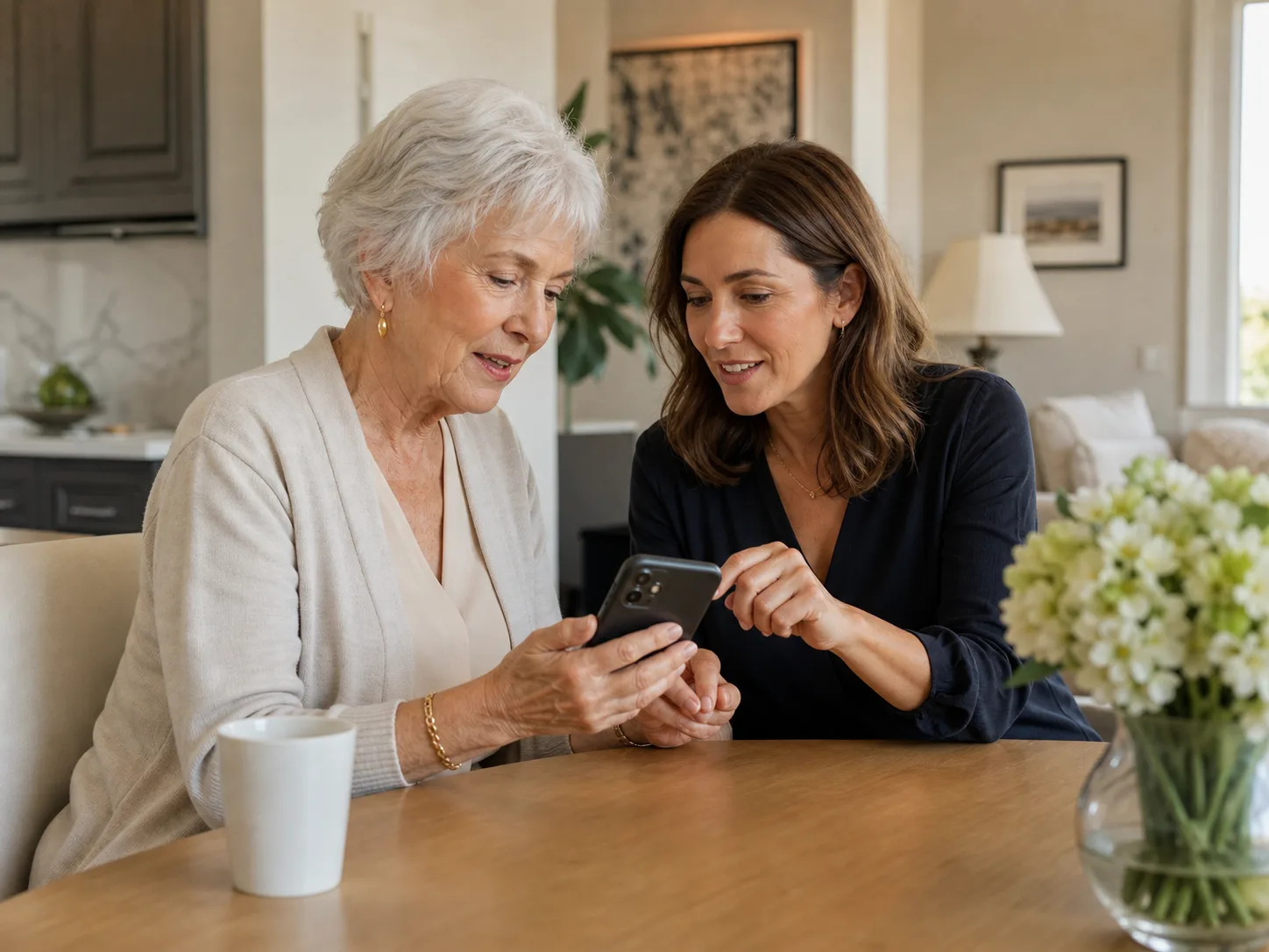 An older adult and companion enjoying a puzzle together at home