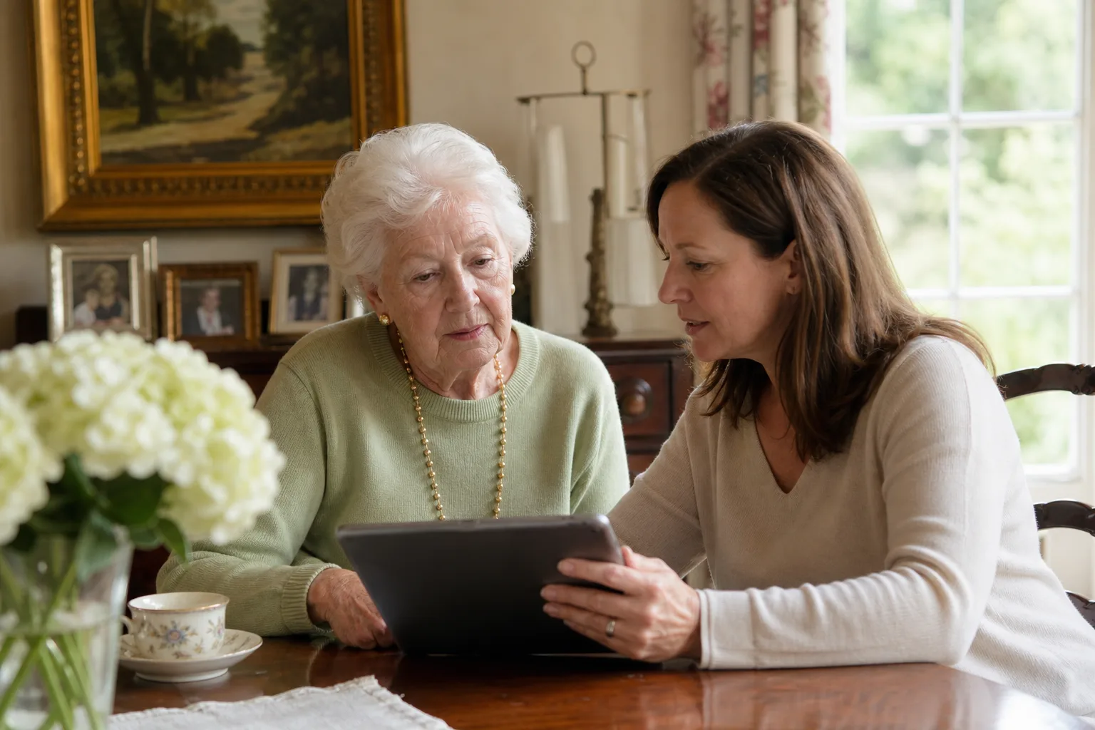 An older adult and companion working together at home
